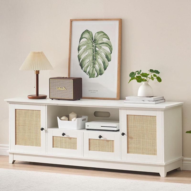 Bayou Breeze Rattan TV Stand White Media Center With 2 Drawers And 2 Cabinets With Adjustable Shelf Wayfair
